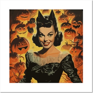 Retro Halloween Witch Girl with Pumpkins and Bats Posters and Art